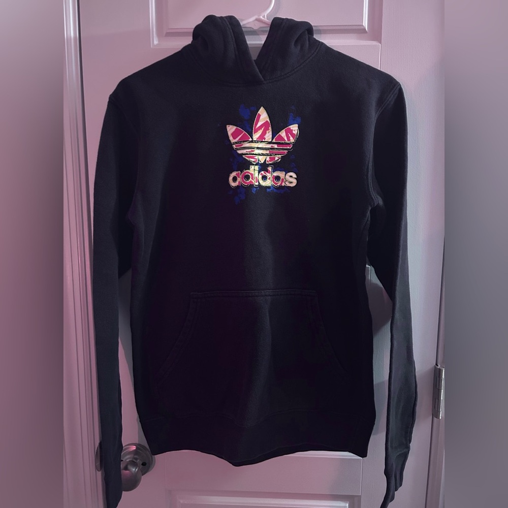 Adidas Originals Boys' XL Black Hoodie with Multicolor Graphic Trefoil Logo